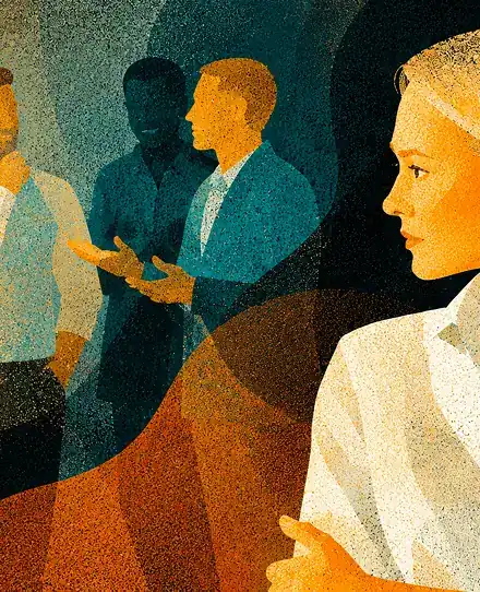 Stylized illustration of a woman turning away from co-workers talking behind her