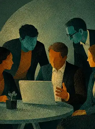 Stylized illustration of a tense workplace meeting around a laptop
