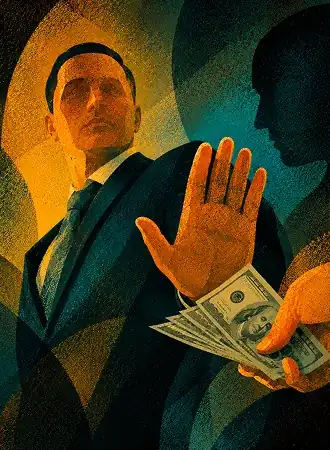 Stylized illustration of a worker refusing cash handed under the table